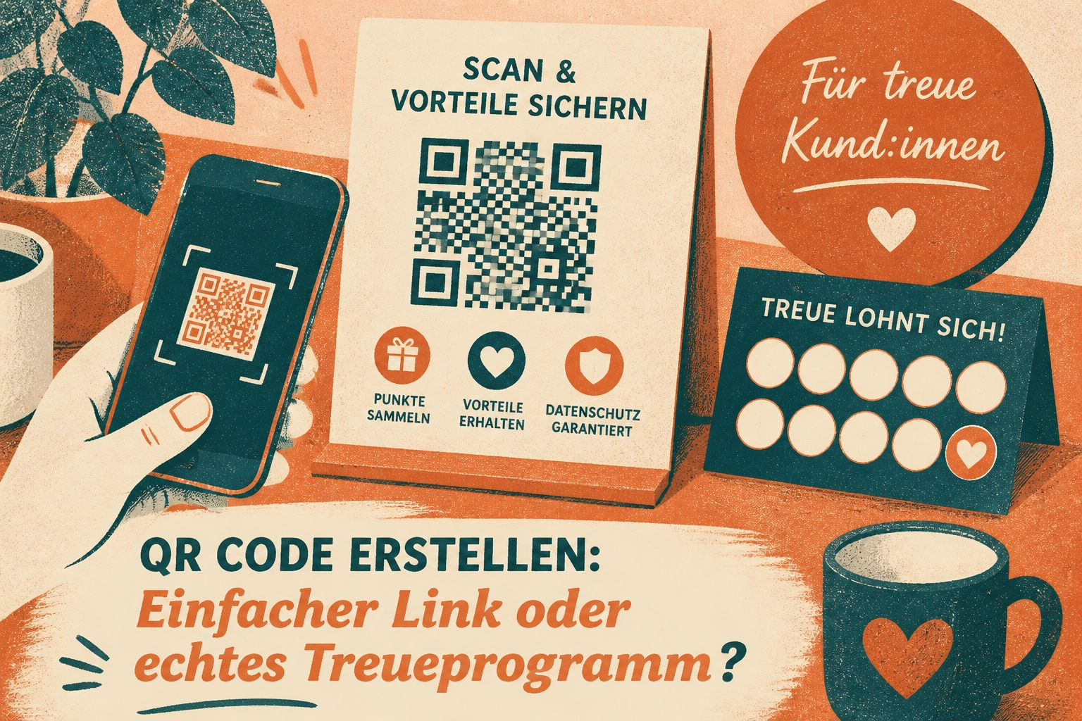 Professional header image for educational tutorial: QR Code erstellen: Einfacher Link oder echtes Treueprogramm?